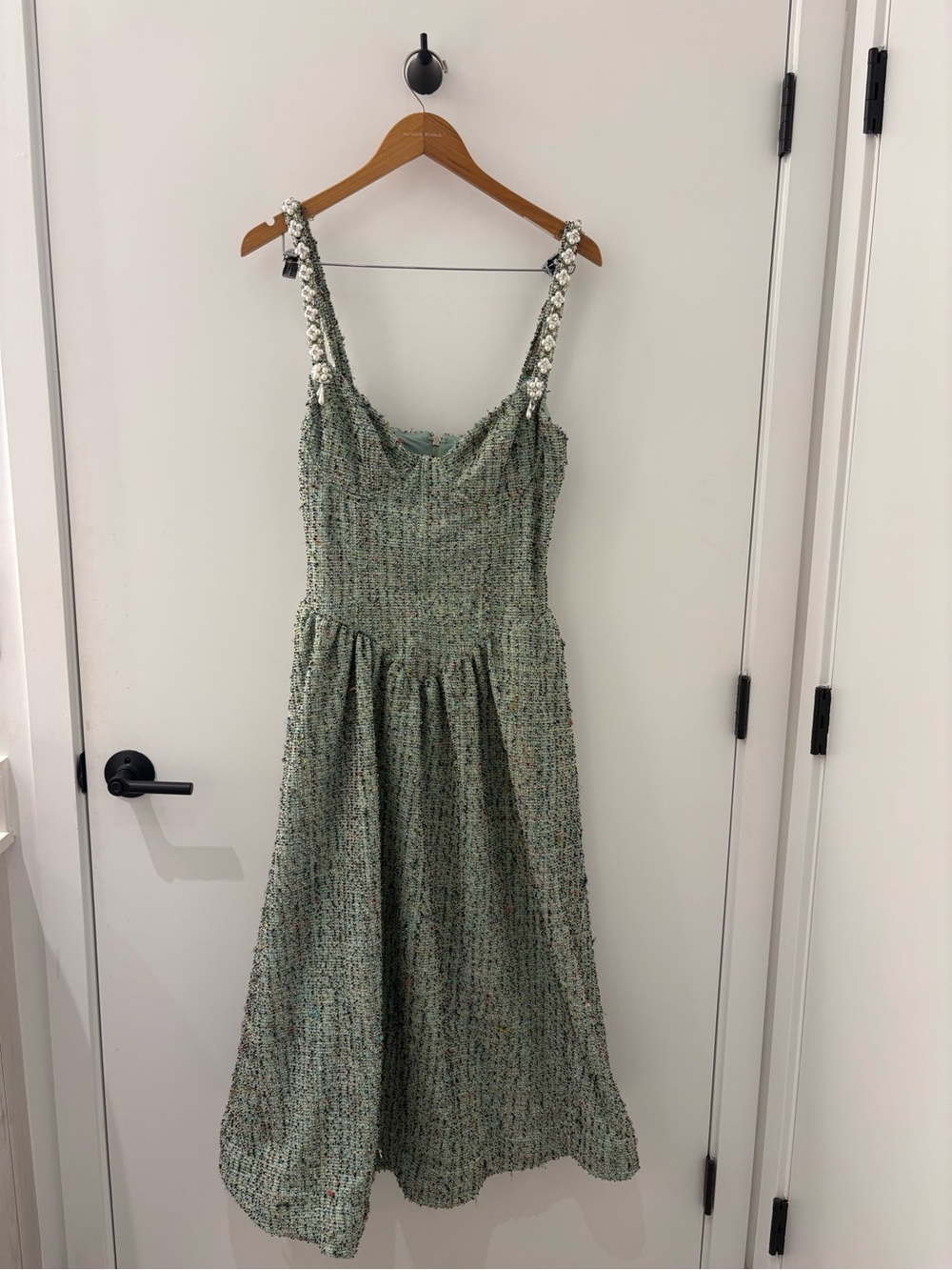 PATBO Embellished-Strap Green Tweed Midi Dress